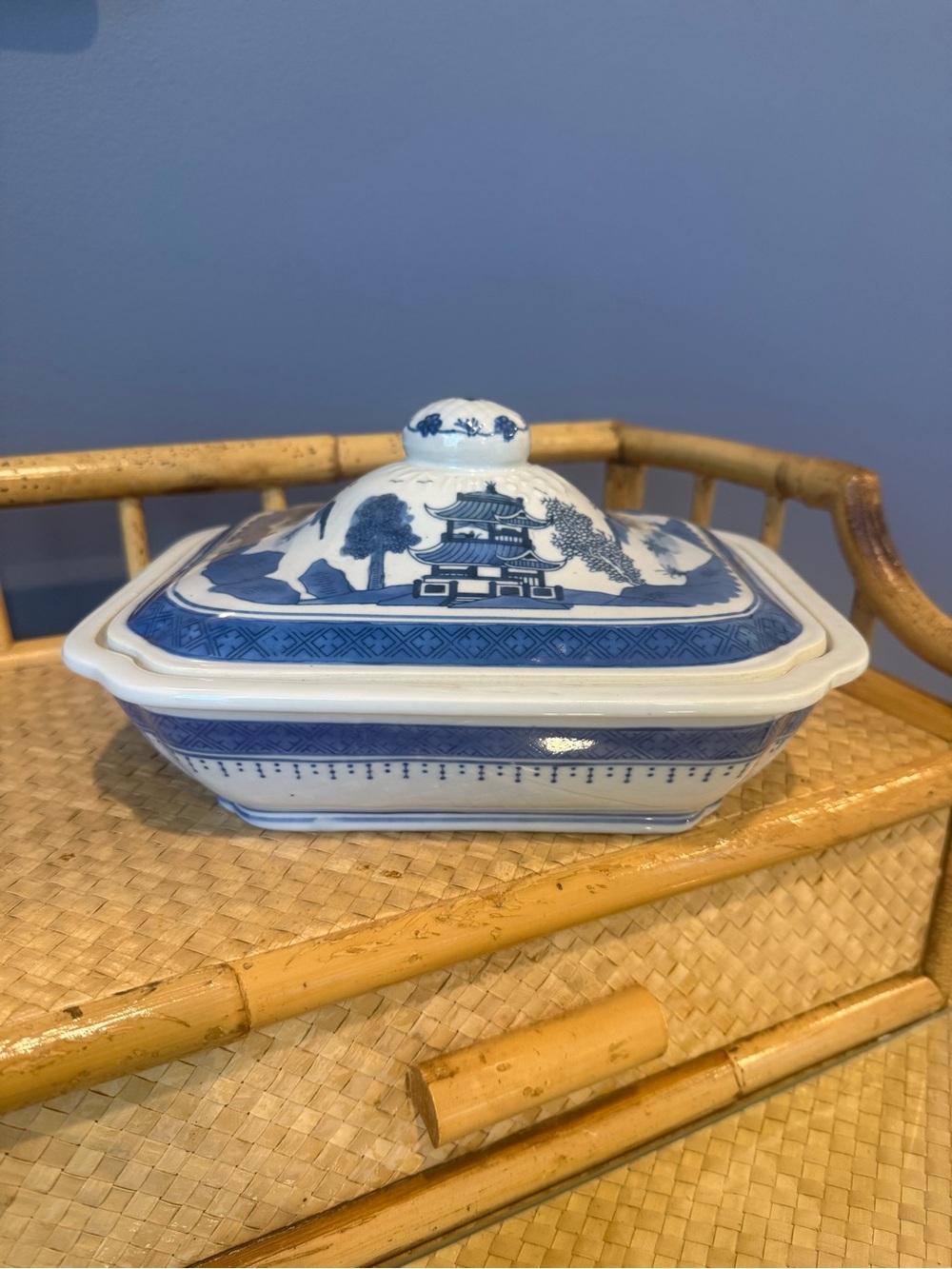 Vintage Chinoiserie Blue and White Canton Pattern Covered Tureen